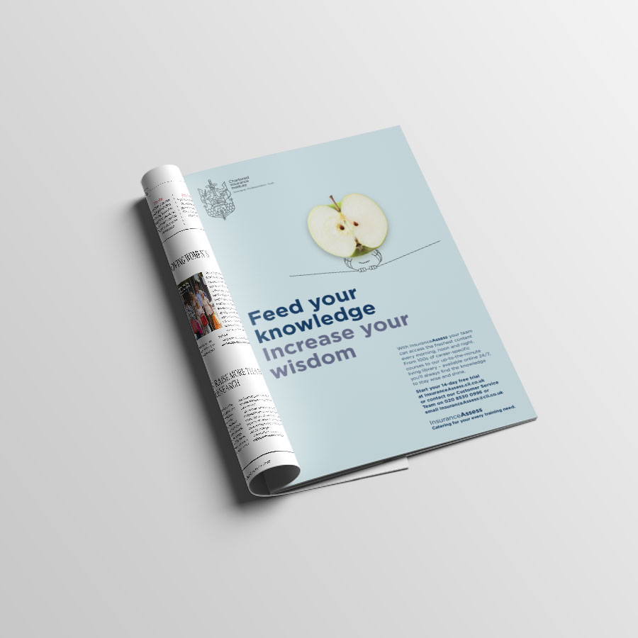 Full page print advert featuring an owl with half an apple for its face